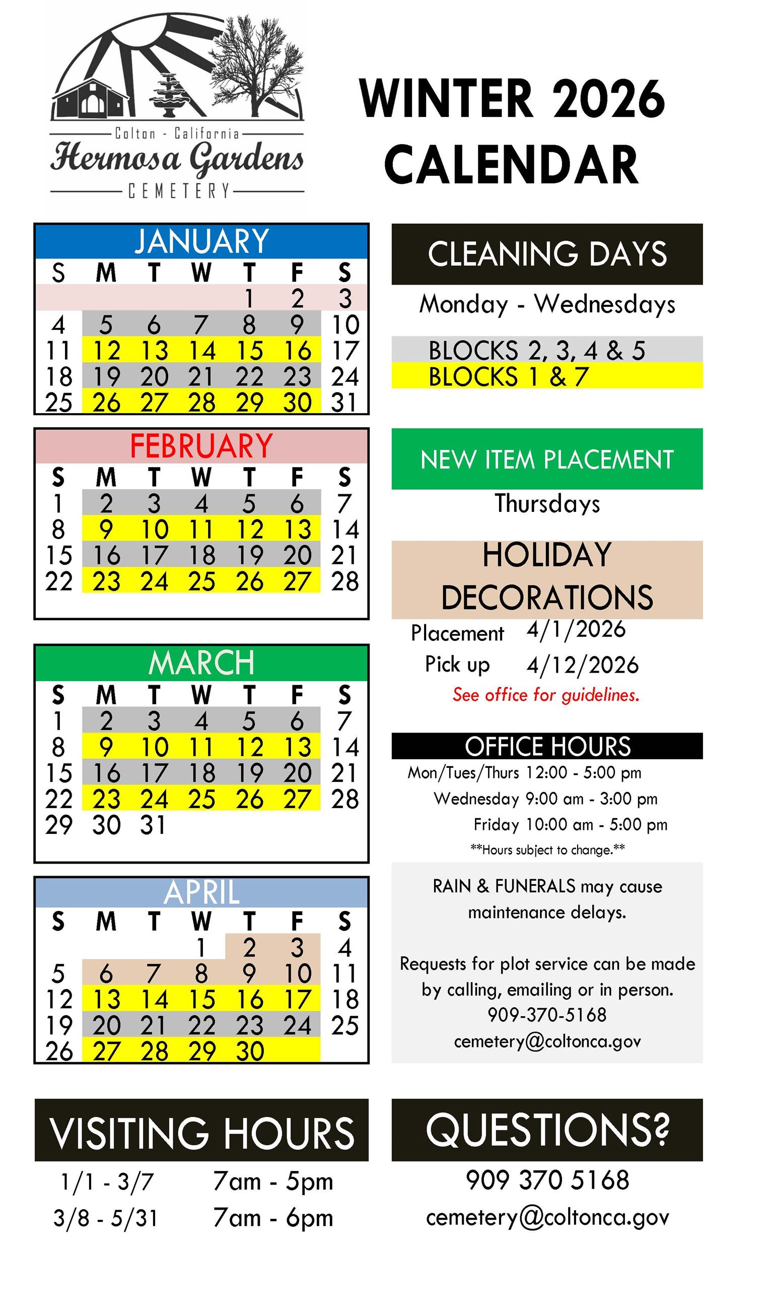 2026 Winter - Clean Up Calendar - Hermosa 